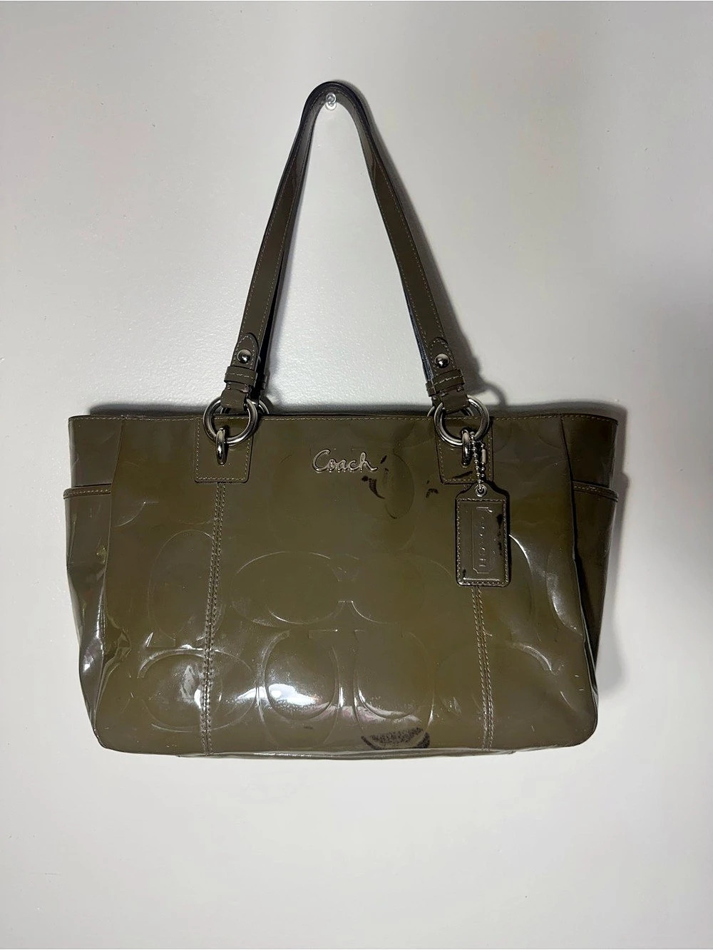 Coach Op Art Embossed Patent Leather East West Gallery Tote Olive Green
